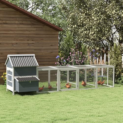 PawHut Extra Large Chicken Coop with 2 Nesting Box, 156" Wooden Hen House Poultry Cage with Extra Long Run Cage, Waterproof Wave Roof, Perches, Swings, for 10-15 Chickens, Rabbits, Ducks, Light Gray