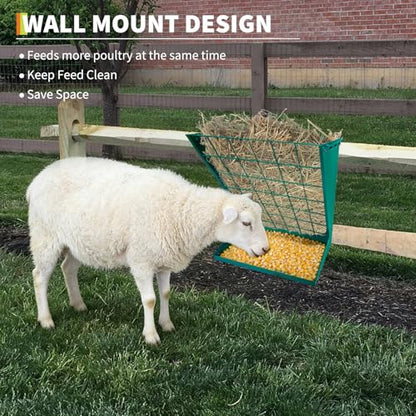 Wall Mount Hay Feeder for Goats, 2 in 1 Hay & Grain Livestock Feeders Rack, Hanging Sheep Cattle Feed Box with Steel Net, Wall Mounted Goat Hay Rack for Farm, Barn, Stable, Green - color: Green
