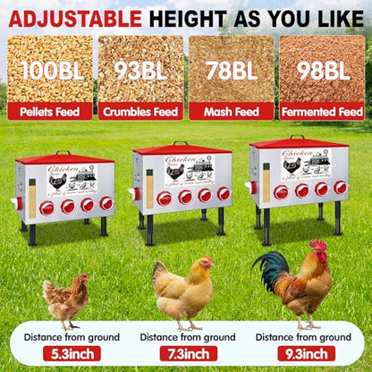 100Lb Automatic Chicken Feeder with Window 8 Port No Waste Rust-Proof Galvanized Steel with Locking Lid & Adjustable Height Legs Waterproof Portable Poultry Feeder for Chickens,Ducks,Geese - size: 100LB