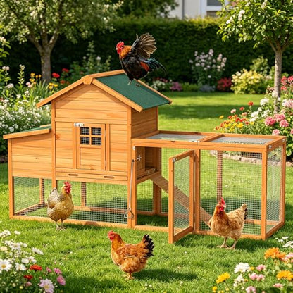 80" Chicken Coop with Expandable Run, Outdoor Chicken House for 4 Chickens, Wooden Hen House with Run, Nesting Box, Pull Out Tray, Chicken Cage - size: 78.0"L x 27.0"W x 45.0"H