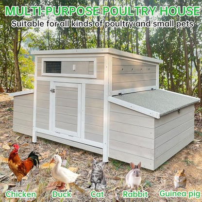 Chicken Coop, 58" Wooden Chicken Coop with 2 Sides Large Nesting Boxes for 4-6 Chickens, Poultry Hutch Rabbit Cage with No-Slip Ramp & Pull-Out Tray for Outdoor Farm Yard (White Grey) - color: White Grey