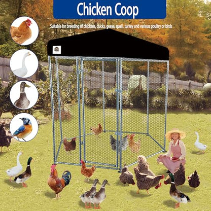 Hexagonal Metal Chicken coop with Cover for Yard, 6x6x7.5ft Large Chicken Run for 4-6 Chickens, Walk-in and Weatherproof Design Duck Pen, Thickened Black UV Protection Cover - size: 71.0"L x 90.0"W x 71.0"H