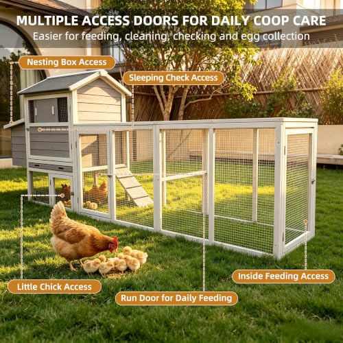 Wooden Chicken Coop with Run 112.6" Large Poultry Cage with Hardware Cloth | Chicken House for 2-6 Chickens with 2 Nesting Boxes, Pull-out Tray, Sun Roof Weather Resistant Roof