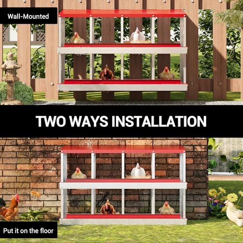 Chicken Nesting Box, 8 Compartment Metal Chicken Nesting Boxes for Chicken Coop, Large Vented Holes Chicken Laying Boxes with Rollout Egg Collection, Wall Mount Chickens Coops - color: Red, size: 8 Holes