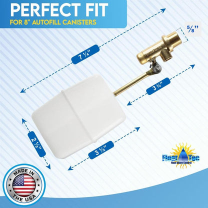 FT150B Made In USA 3/8″ Auto Fill Float Valve – Automatic Water Level Control for Pool & Water Tank – Fits 8″ Canister – Wingnut Adjustment, 3″ Arm, 2.25 GPM, 125 PSI – Pool & Spa Autofill Valve