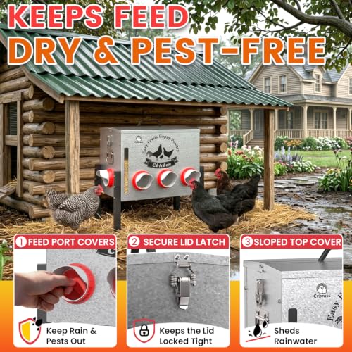 10gal 55LB Large Automatic Chicken Feeder with Window - 8 Port No Waste Design, Rust-Proof Alloy Steel with Locking Lid & Adjustable Legs, Waterproof Silo for Hens, Ducks, Geese, Poultry (silver) - size: 10GAL-55LB