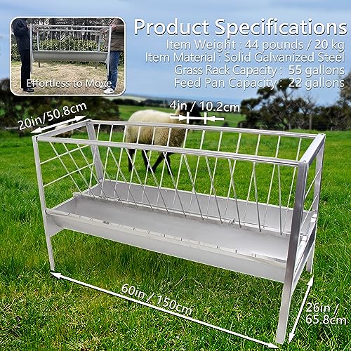 Stainless Steel Pasture Feeder, 5-Feet, 77 Gallon Capacity Livestock Feeder with Deeper Feeding Pan, Easy to Assemble and Carry, Feeding Goats, Sheep and Ponies, for Farms, Sheep Sheds