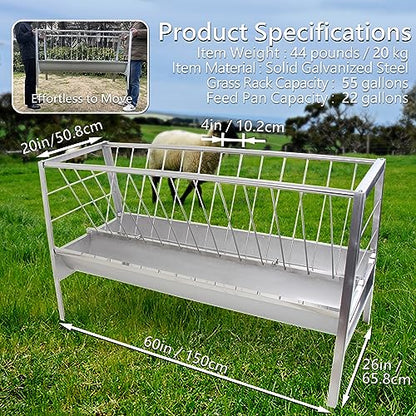 Stainless Steel Pasture Feeder, 5-Feet, 77 Gallon Capacity Livestock Feeder with Deeper Feeding Pan, Easy to Assemble and Carry, Feeding Goats, Sheep and Ponies, for Farms, Sheep Sheds
