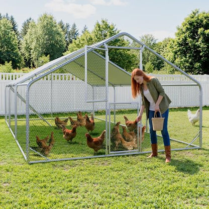 Sannwsg Large Metal Chicken Coop with Run, Walk in Chicken Pen with Waterproof Cover, Secure Lock, Heavy Duty Poultry Cage with Feeding Door for Outdoor Farm Use（20x10 FT - size: 118.0"L x 236.0"W x 79.0"H