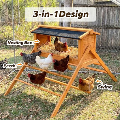 3-in-1 Chicken Nesting Box with Asphalt Roof, Wooden Chicken Perch & Swing for Coop, Weatherproof Nesting Boxes for Laying Hens, Indoor Outdoor Coop Accessories, Large Nesting Box for Multiple Hens