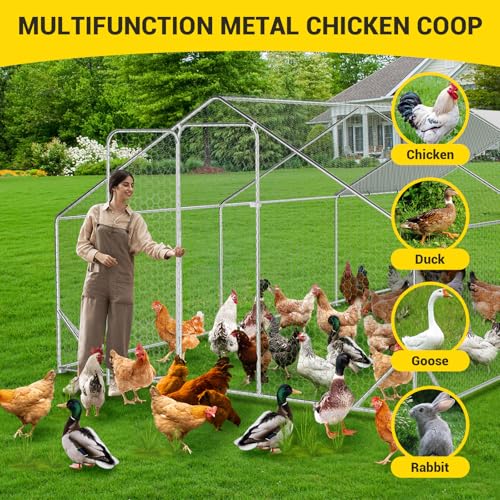 9.8' x 19.7' x 6.6' Chicken Coop Run, Galvanized Steel Chicken Pen with Anti-Ultraviolet Waterproof Cover, Spire-Roof Walk-in Poultry Cage, Metal Chicken Coop for Outdoor Farm Use - size: 9.8' W x 19.7' L x 6.6' H