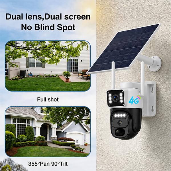 HAWKRAY 4G LTE Outdoor Solar-Powered Cellular Security Camera (Built-in SIM Card, Data Plan Required; No Wi-Fi), Dual Lens, 355° PTZ, Color Night Vision, PIR Motion Detection, Two-Way Audio