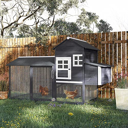 PawHut 84" Wooden Chicken Coop, Hen House Outdoor with Run Nesting Box, Asphalt Roof, Removable Tray, Ramp, Poultry Cage for 2-3 Chickens, Gray - color: Gray