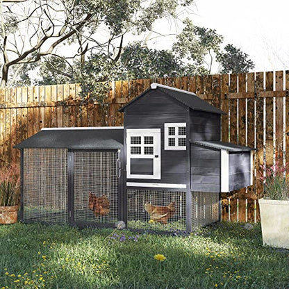 PawHut 84" Wooden Chicken Coop, Hen House Outdoor with Run Nesting Box, Asphalt Roof, Removable Tray, Ramp, Poultry Cage for 2-3 Chickens, Gray - color: Gray