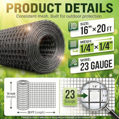 Black 16'' x 20' Hardware Cloth 1/4 inch 23 Gauge, Hot-dip Galvanized After Welding, Chicken Coop Wire Fence Wire Mesh Screen, Rabbit/Snake Fences, Netting Wire Cloth Galvanized Wire Mesh Roll - size: 1/4 inch 16in x 20ft-Black