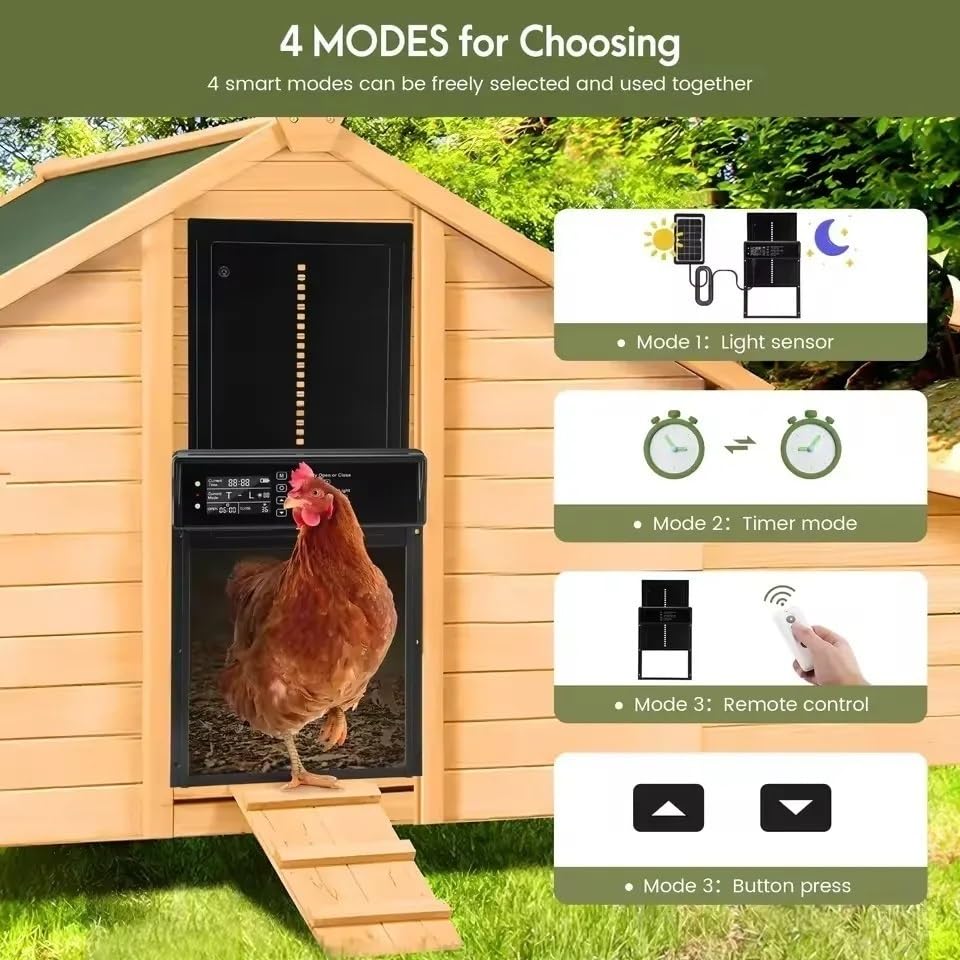 BeyondFeed™ Solar Automatic Chicken Coop Door with LCD Screen – 4 Control Modes (Light Sensor/Timer/Remote/Button), AI Anti-Pinch, Waterproof, Easy Install
