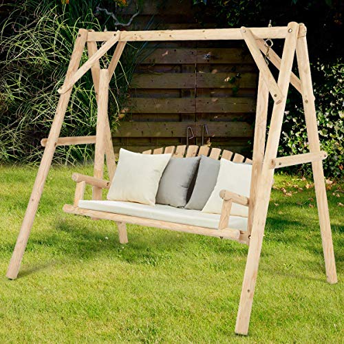 Tangkula A-Frame Wood Log Swing Bench, Outdoor Rustic Curved Back Swing Chair for Patio Garden Yard