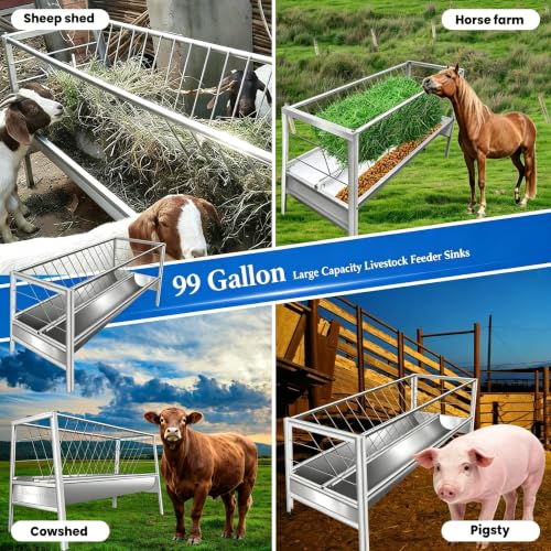 99 Gallon Pasture Hay Feeder, 2 in 1 Stainless Steel Goat Hay Feeder with Deeper Feeding Pan for Goat Sheep Horse, Detachable Livestock Feeder Ease of Assembly in Farm Outdoor (silvery stainess steel) - color: silvery stainess steel