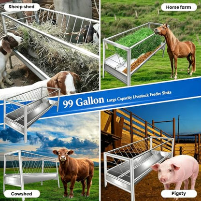 99 Gallon Pasture Hay Feeder, 2 in 1 Stainless Steel Goat Hay Feeder with Deeper Feeding Pan for Goat Sheep Horse, Detachable Livestock Feeder Ease of Assembly in Farm Outdoor (silvery stainess steel) - color: silvery stainess steel