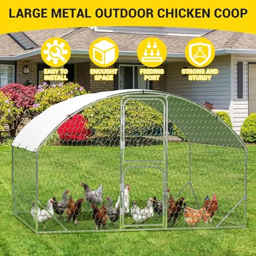 Large Metal Chicken Coop, Walk-in Poultry Cage, Large Chicken Run with Waterproof & Anti-UV Cover, Chicken Pen with Double Lockable Doors for Outdoor, 9.8x6.5x6.6FT - size: 9.8' W x 6.5' L x 6.5' H