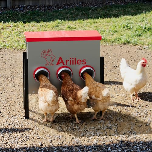 Automatic Chicken Feeder Box, 40lb Capacity, 6 No-Waste Ports, Metal Poultry Feeder with Covered Lid & Elevated Stand, Feed Dispenser for Chickens, Ducks & Backyard - size: 40 LB