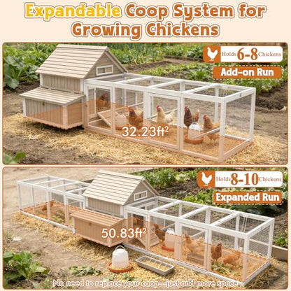 Ketive Large Chicken Coop with Run for 6–8 Chickens — Wooden Outdoor Hen House Chicken Hutch with 6 Nesting Boxes, Dual Ramp Doors, Slide-Out Tray, Curved Roof (118.3" L x 38" W x 40.2" H) - size: 118.3"L x 38.0"W x 40.2"H