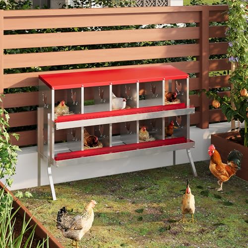 IDEALHOUSE Chicken Nesting Box, Galvanized Steel Laying Box with Rustproof & Roll-Away Egg Design, for Hens, Red 10 Compartment with Bracket - color: Red, size: 10 compartments (with bracket)