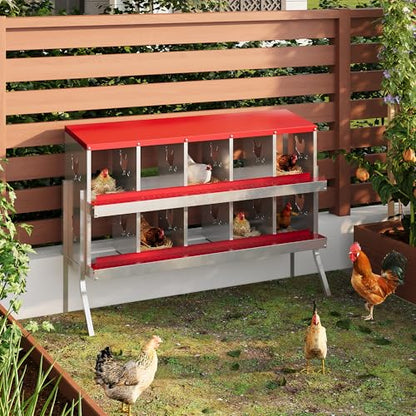 IDEALHOUSE Chicken Nesting Box, Galvanized Steel Laying Box with Rustproof & Roll-Away Egg Design, for Hens, Red 10 Compartment with Bracket - color: Red, size: 10 compartments (with bracket)