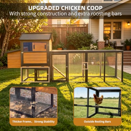 Large Chicken Coop with Run Wooden112.6 Portable Poultry Cage with Hardware Cloth Chicken House for 2-6 Chickens with 2 Nesting Boxes 3 Perches Removable Tray - color: BROWN＆BLACK