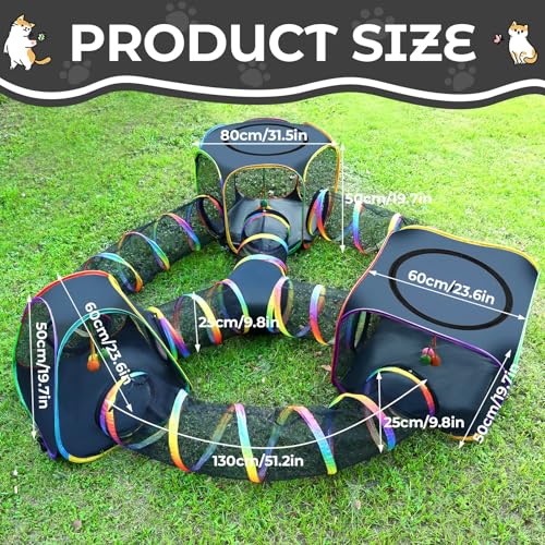 CypherX Outdoor Rainbow Cat Enclosure, 7 in 1 Portable Cat Tents for Outside Cage Free Outside Pop up Pet Enclosure Cat Tunnel Outdoor Playground for Indoor Cats and Small Animals - size: 7 in1 Maze(9.8"W)