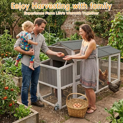 Chicken Coop with Run, Weatherproof Mobile Chicken Tractor Hen House with Wheels, Nesting Box, Roosting Bars, Pull-Out Tray, Asphalt Waterproof Roof & Fun Swing for Chickens Quails Gray - color: Grey