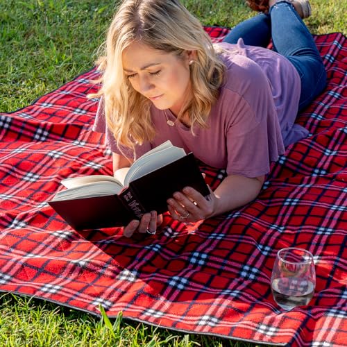 BRAWNTIDE Large Waterproof Outdoor Blanket, Extra Thick Fleece, Warm, Windproof & Sandproof, Quilted Stadium Blanket for Sports Events, Beach, Camping, Picnics, Dogs & Car, 82" x 55 - color: Plaid Red