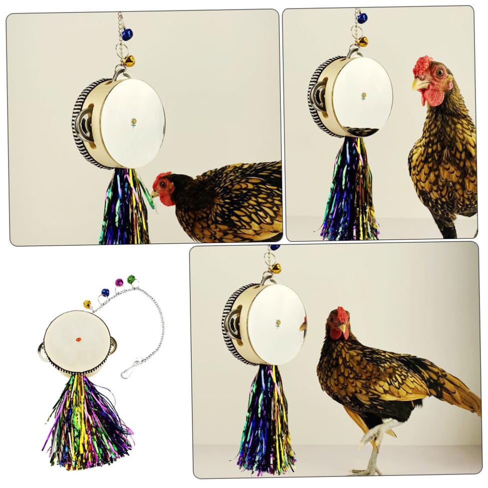 Sosoport Stainless Steel Double Sided Mirror Drum for Chickens Interactive Rooster Hen with Pendants Poultry Accessory for Play and Activity