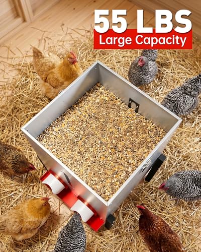 55 LBS Large Metal Chicken Feeder, 40L Automatic Poultry Feeder with 4 Feeding Ports, No Waste Catch Tray, Height Adjustable, Weatherproof for Chicken Coop Outdoor Backyard | 55 LBS Large Metal Chicken Feeder