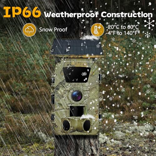Solar Trail Camera WiFi Bluetooth - 5K 60MP Game Camera with 5200mAh Battery, Rechargeable Trail Cam with 64GB SD Card, Wildlife Cameras Deer Cams for Outdoor Backyard