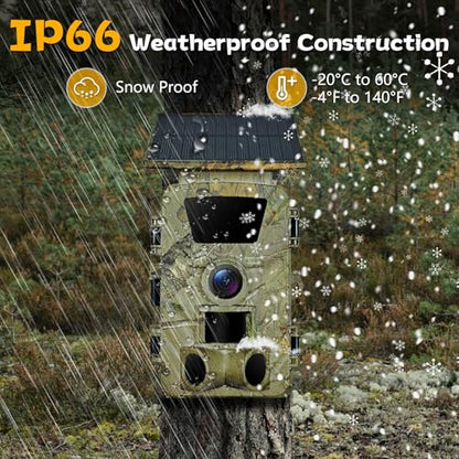 Solar Trail Camera WiFi Bluetooth - 5K 60MP Game Camera with 5200mAh Battery, Rechargeable Trail Cam with 64GB SD Card, Wildlife Cameras Deer Cams for Outdoor Backyard