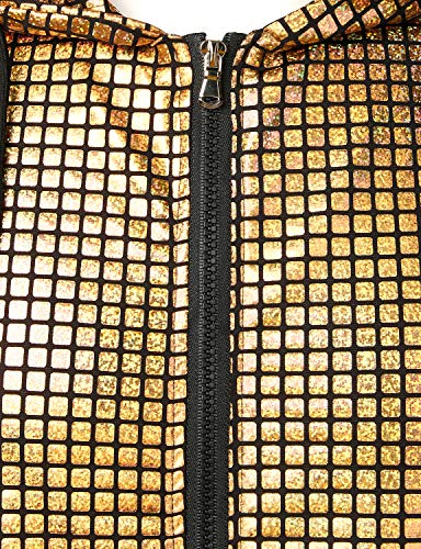 ZEROYAA Mens Shiny Metallic Zip Up Sleeveless Hooded Vest T Shirt with Kangaroo Pocket - color: Gold Sequin, size: Small