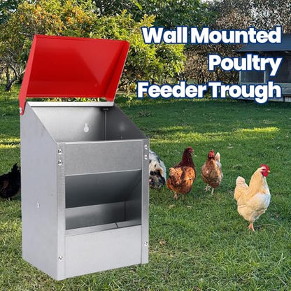 Wall Mounted Chicken Feeder, Hanging Automatic Poultry Feeder with Lid, Metal Wall Chicken Feeders No Waste Weatherproof for Outside Coop Quail Ducks Turkeys