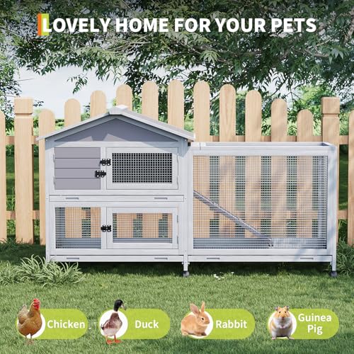Rabbit Cage with Ramp & Waterproof Roof, Bunny Hutch for Indoor/Outdoor, 2-Story Design, Rabbit Hutch with 6 Lockable Caster Wheels & Three Pull-Out Trays（63.2" l x 22.4" w x 37"）