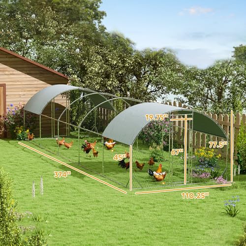 PawHut 9.2' x 31.2' x 6.5' Large Chicken Coop Metal Chicken Run w/Waterproof and Anti-UV Cover, 2 Lockable Doors, Dome Shaped Walk in Hen House for 30-40 Hens, Ducks, Poultry, Outdoor Yard Farm Use - size: 374.0"L x 110.2"W x 77.6"H