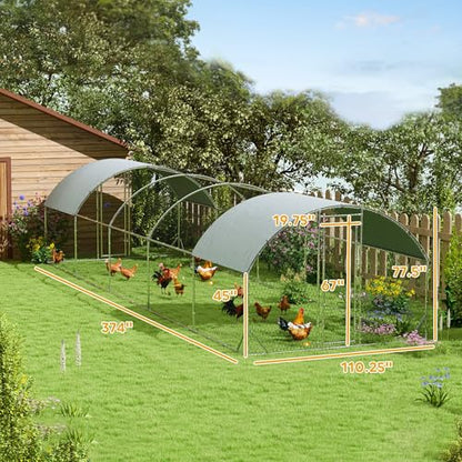 PawHut 9.2' x 31.2' x 6.5' Large Chicken Coop Metal Chicken Run w/Waterproof and Anti-UV Cover, 2 Lockable Doors, Dome Shaped Walk in Hen House for 30-40 Hens, Ducks, Poultry, Outdoor Yard Farm Use - size: 374.0"L x 110.2"W x 77.6"H