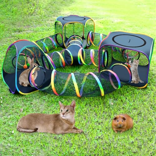 CypherX Outdoor Rainbow Cat Enclosure, 7 in 1 Portable Cat Tents for Outside Cage Free Outside Pop up Pet Enclosure Cat Tunnel Outdoor Playground for Indoor Cats and Small Animals - size: 7 in1 Maze(9.8"W)