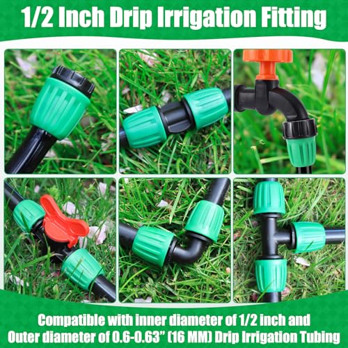 28 Pcs 1/2 Inch Drip Irrigation Fittings Kits,Drip Hose Connector for 1/2" Irrigation Tubing(1/2" ID x0.6-0.63"OD) with 6 Tees,6 Couplings,4 Switch Valves,4 End Cap, 4 Elbows,4 Faucet Adapter - size: 28 PCS 1/2 Fitting