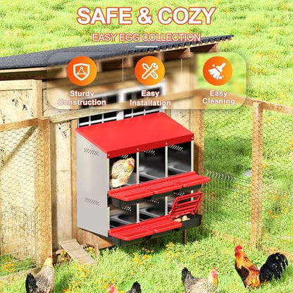 ZenxyHoC Two-Tier Chicken Nesting Boxes, Metal Chicken Egg Laying Box with Swing Perch and Rollout Egg Collection for Chicken Coop Red 6 Compartments - size: 6 Compartments