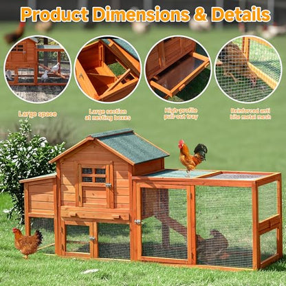 Large Chicken Coop Outdoor Durable Duck House Poultry Pet Hutch & 2 Wood Eggs Run Cage Nesting Box Waterproof Asphalt Roof Ramp Removable Tray Wire Fence for Backyard Small Animal (Orange)