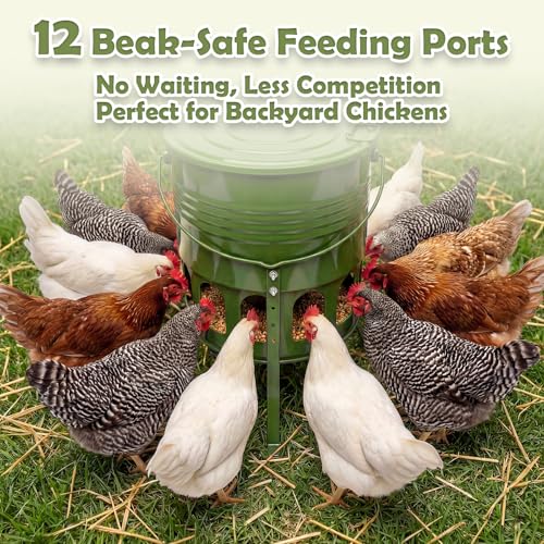 Metal Chicken Feeder No Waste - 20LB Large Chicken Feeder with 12 Ports & 4 Adjustable Heights Tripod Stand, Automatic Hanging Poultry Feeder, Rainproof for Backyard Chickens & Small Flocks - color: green