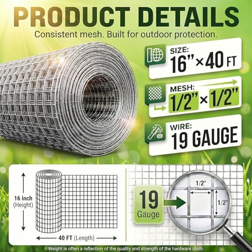 16'' x 40' Hardware Cloth 1/2 inch 19 Gauge, Hot-dip Galvanized After Welding, Chicken Coop Wire Fence Wire Mesh Screen, Rabbit/Snake Fences, Netting Wire Cloth Galvanized Wire Mesh Roll - size: 1/2 inch 16in x 40ft-Silver