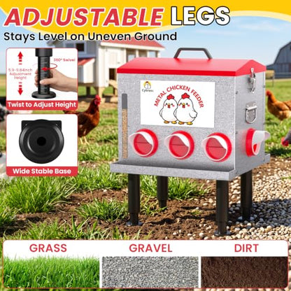 10-Gal 55LB Metal Chicken Feeder with Window, Dual No-Waste Design, Automatic Large Chicken Feeder for Outdoor Coops, Rust-Proof Alloy Steel Poultry Feeder with Adjustable Legs (Red)