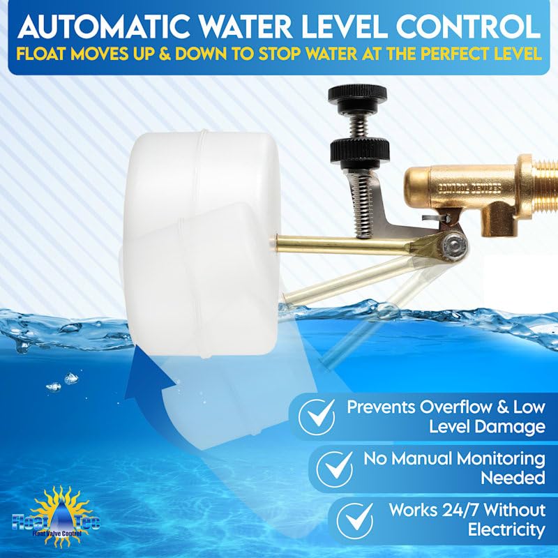 Float Tec Control Devices T26 EZ Adjustment Brass Float Valve 3/8" NPT Male Threads 3" Arm Autofill, Water Filler Leveler, Pools, Spas, Water Tanks, Water Foutain Fit 6" Canister