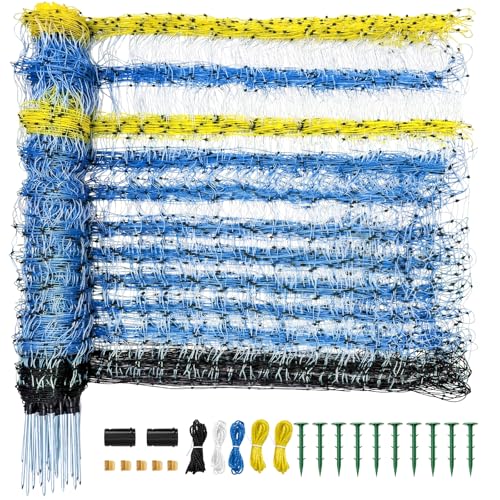 Electric Fence Netting, 49.6" H x 164' L, Portable Livestock Electric Net Fencing for Goats, Sheep, Hogs, Deer & Dogs, Highly Visible Blue Mesh with Double Spike Posts for Backyard, Farm & Homestead - color: Blue, size: 49.6" Hx 164'L-Livestock